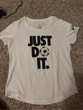 Nike White Tee with Black "JUST DO IT." Soccer Graphic